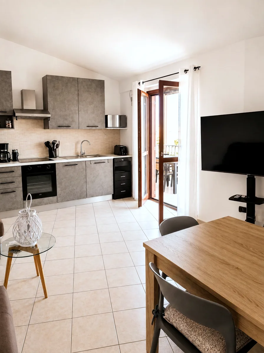 Open-plan kitchen with induction hob, oven, microwave and smart TV, opening onto the balcony