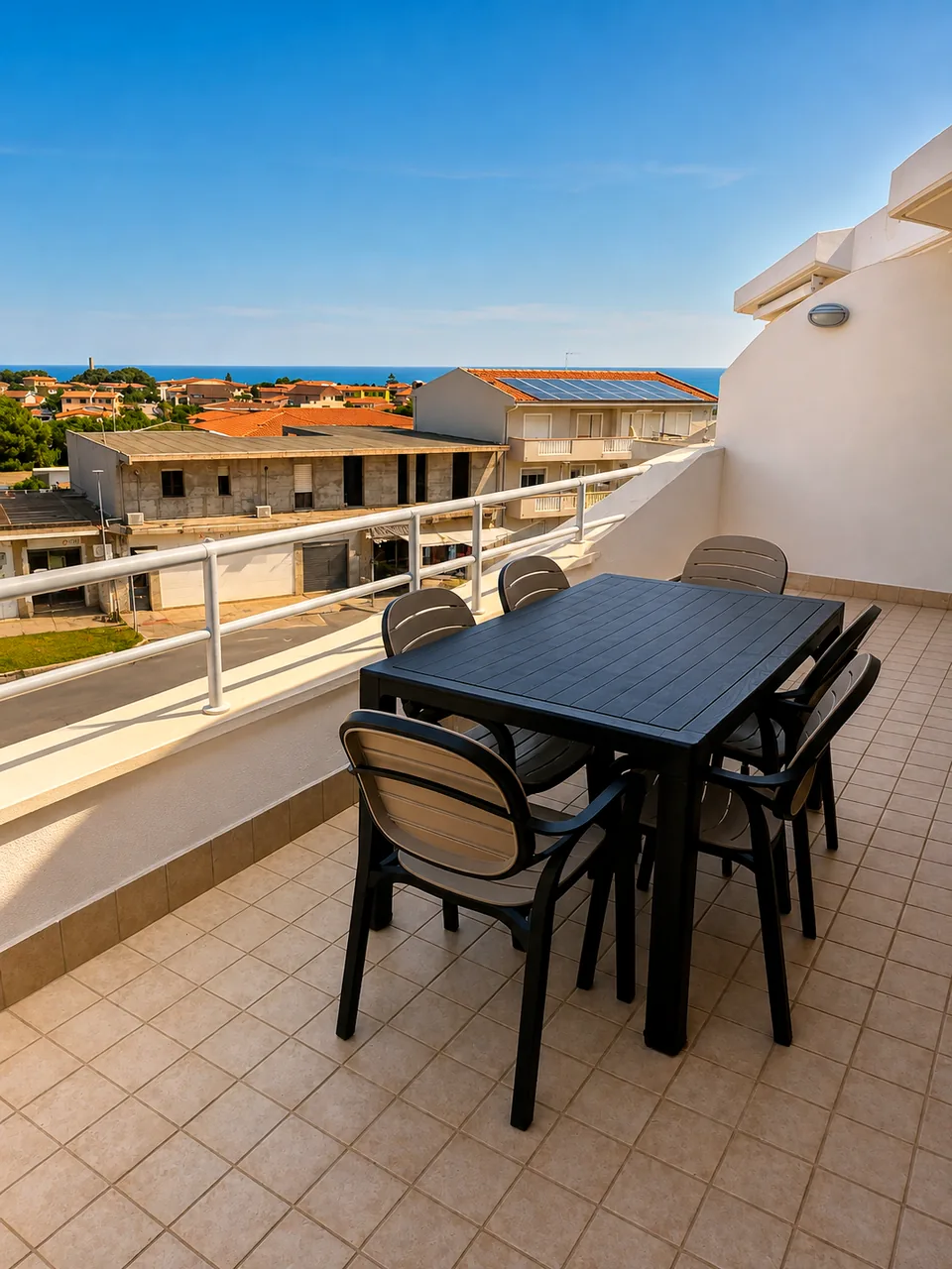 Front terrace outdoor dining table for six in full sun, looking over Valledoria to the Mediterranean