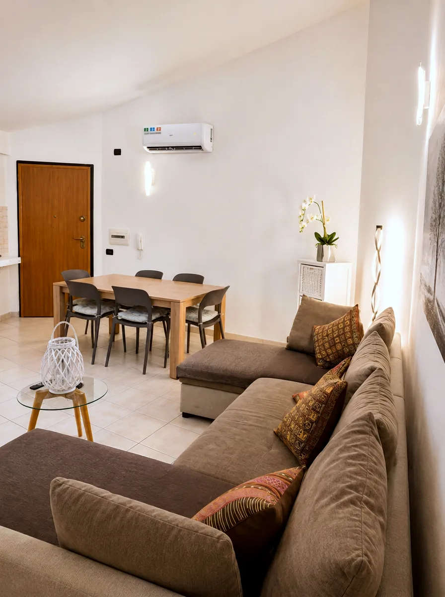 Open-plan room from the sofa, showing the dining area and private entrance
