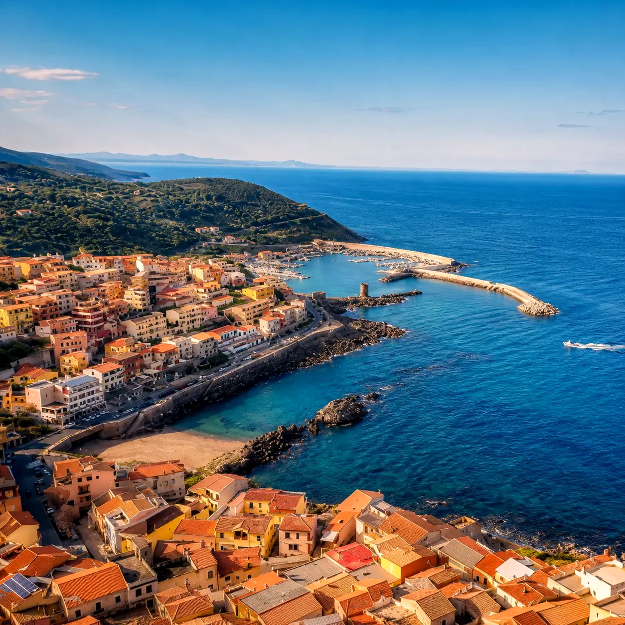 Aerial view of Castelsardo's terracotta rooftops, harbour and the blue sea of northern Sardinia