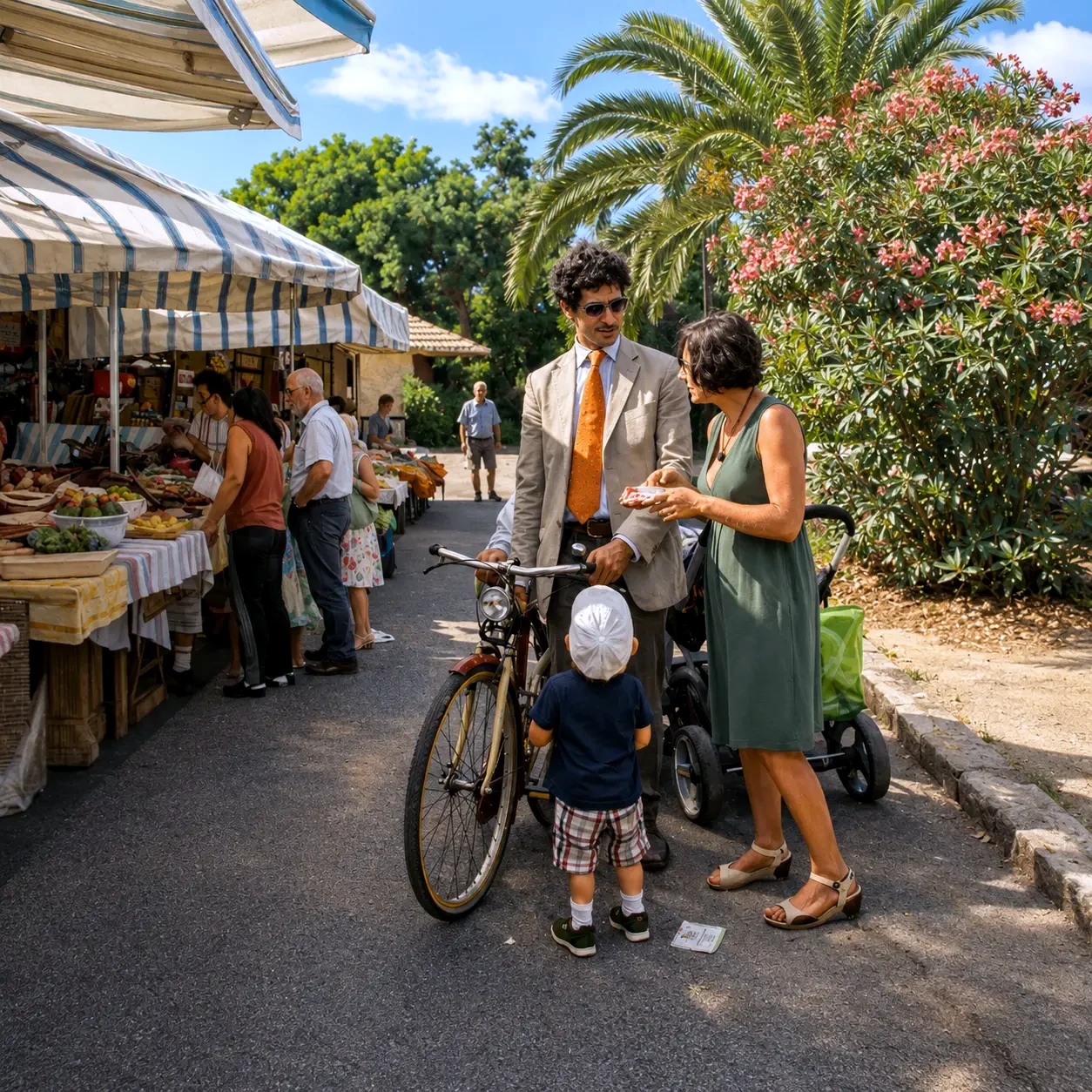 Courses du matin au marché du village, vélos compris
