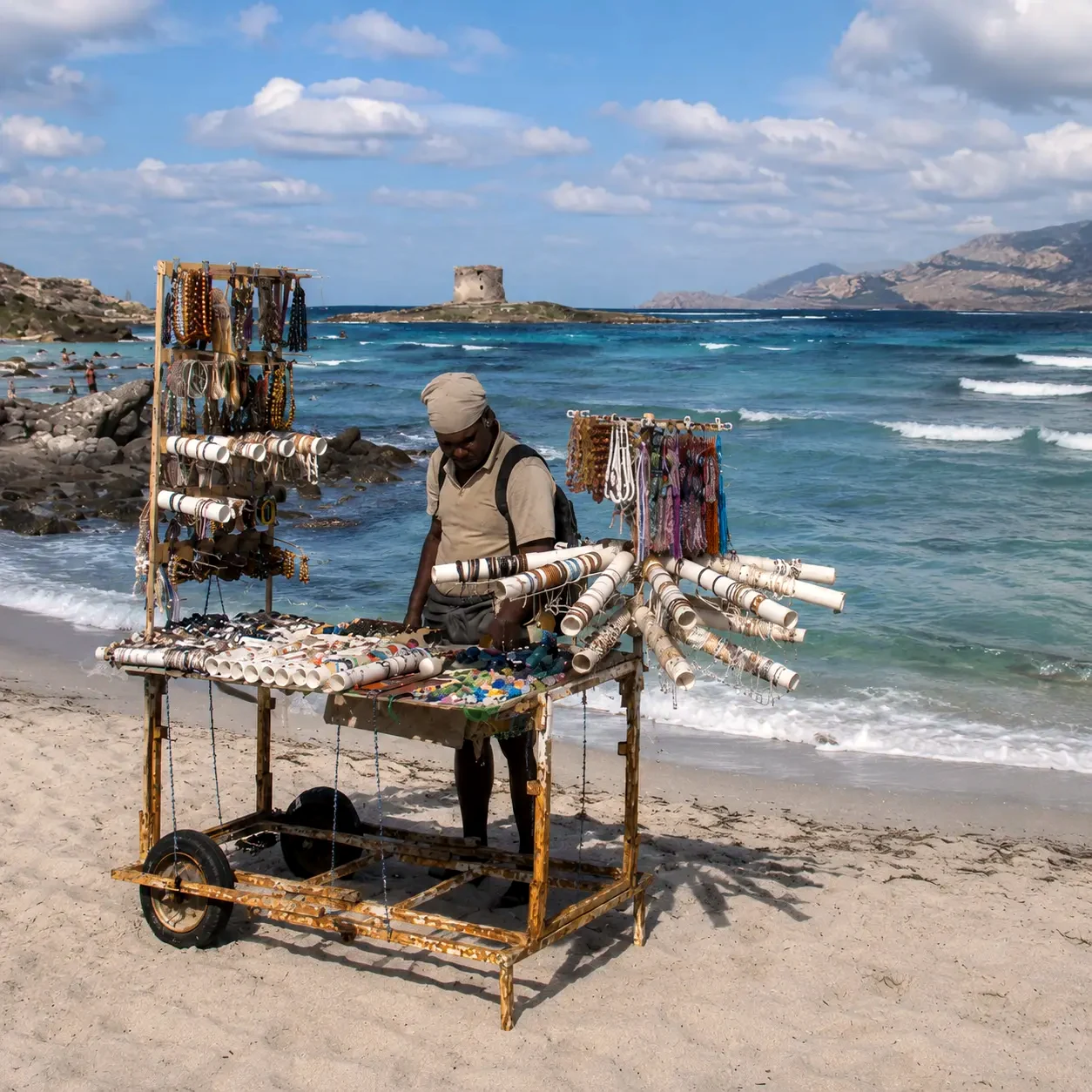 Étal de bijoux sur la plage avec l'ancienne tour de guet espagnole derrière