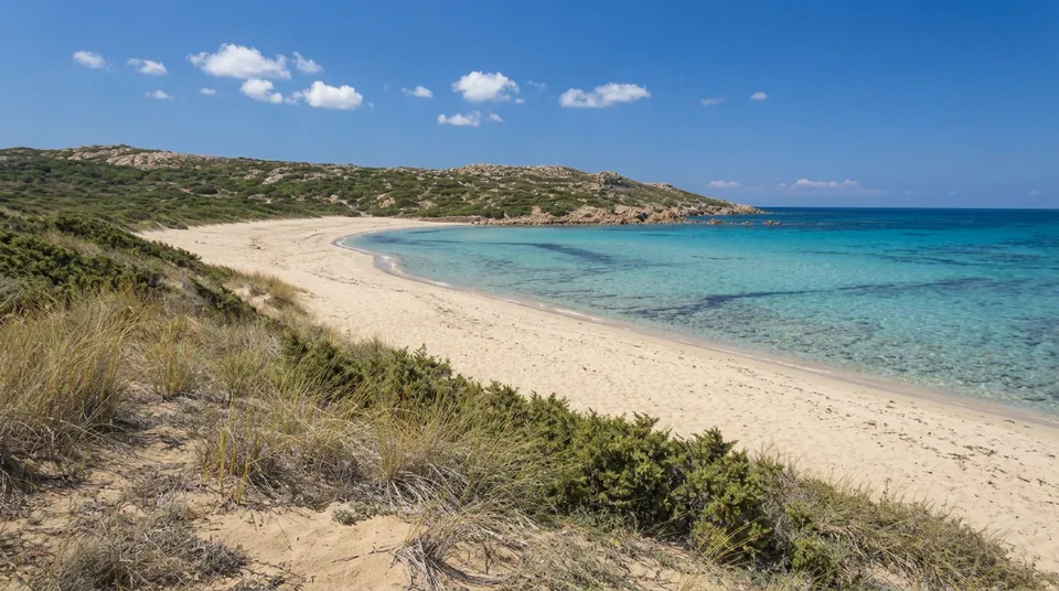 Sandy Sardinian beach with turquoise sea and pine-covered dunes at golden hour