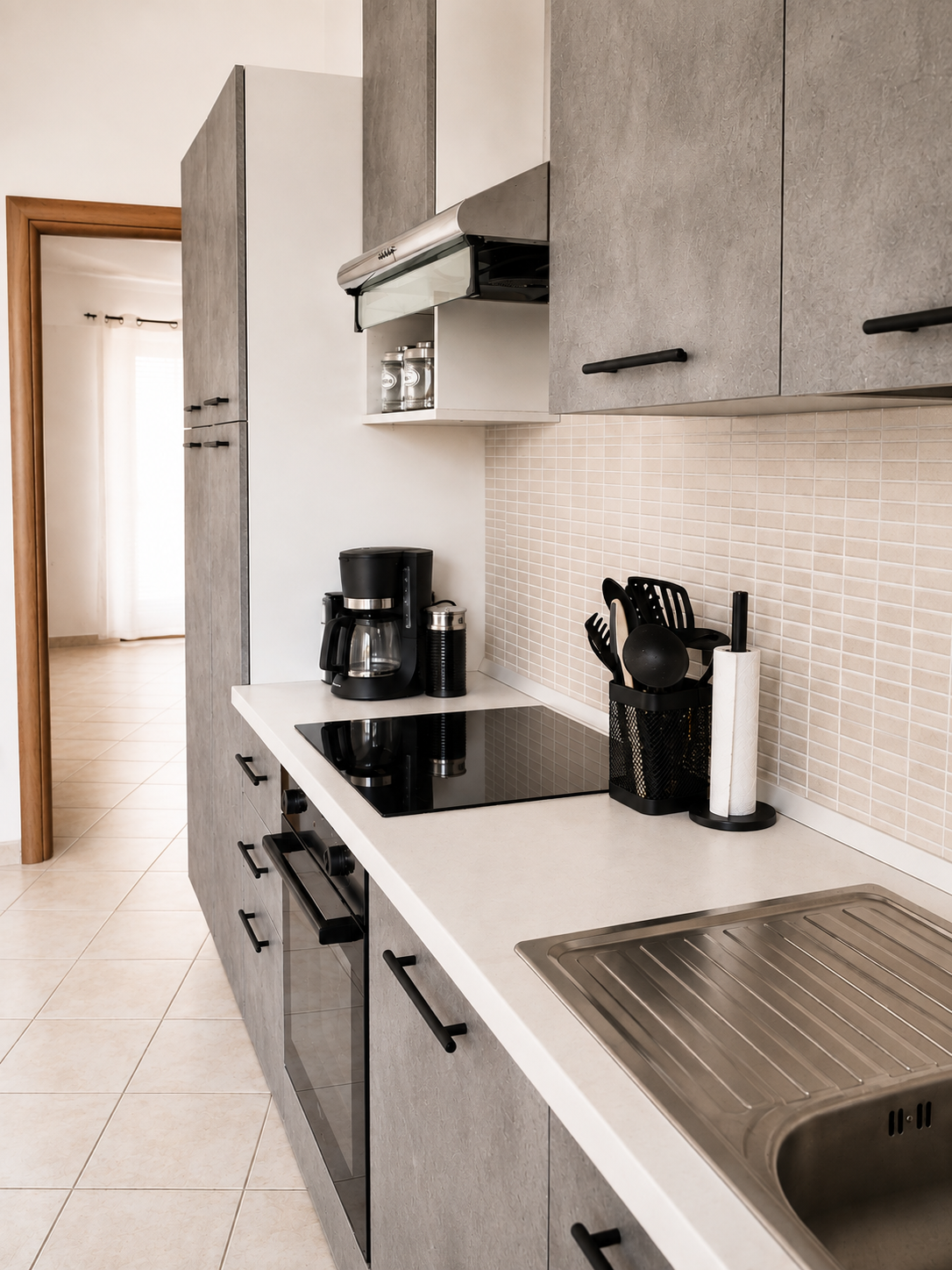 Kitchen worktop with extractor hood, hob and coffee machine looking through to the hall