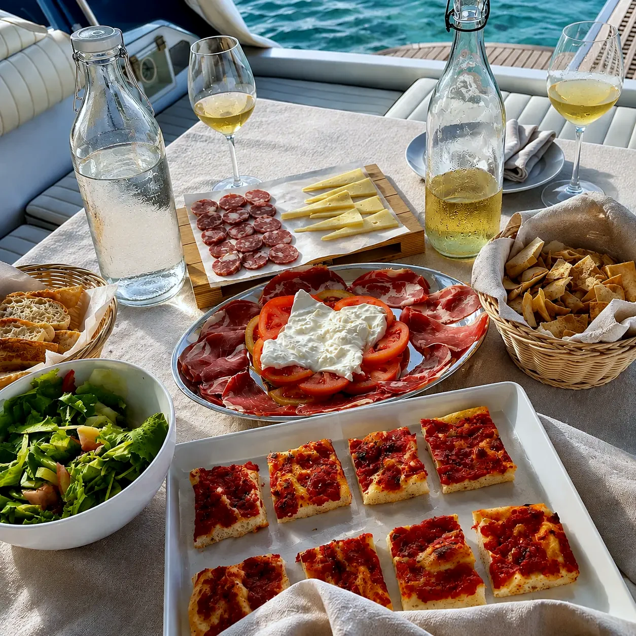 Sardischer Tisch mit Pane carasau, Pecorino, Bottarga und Cannonau-Wein