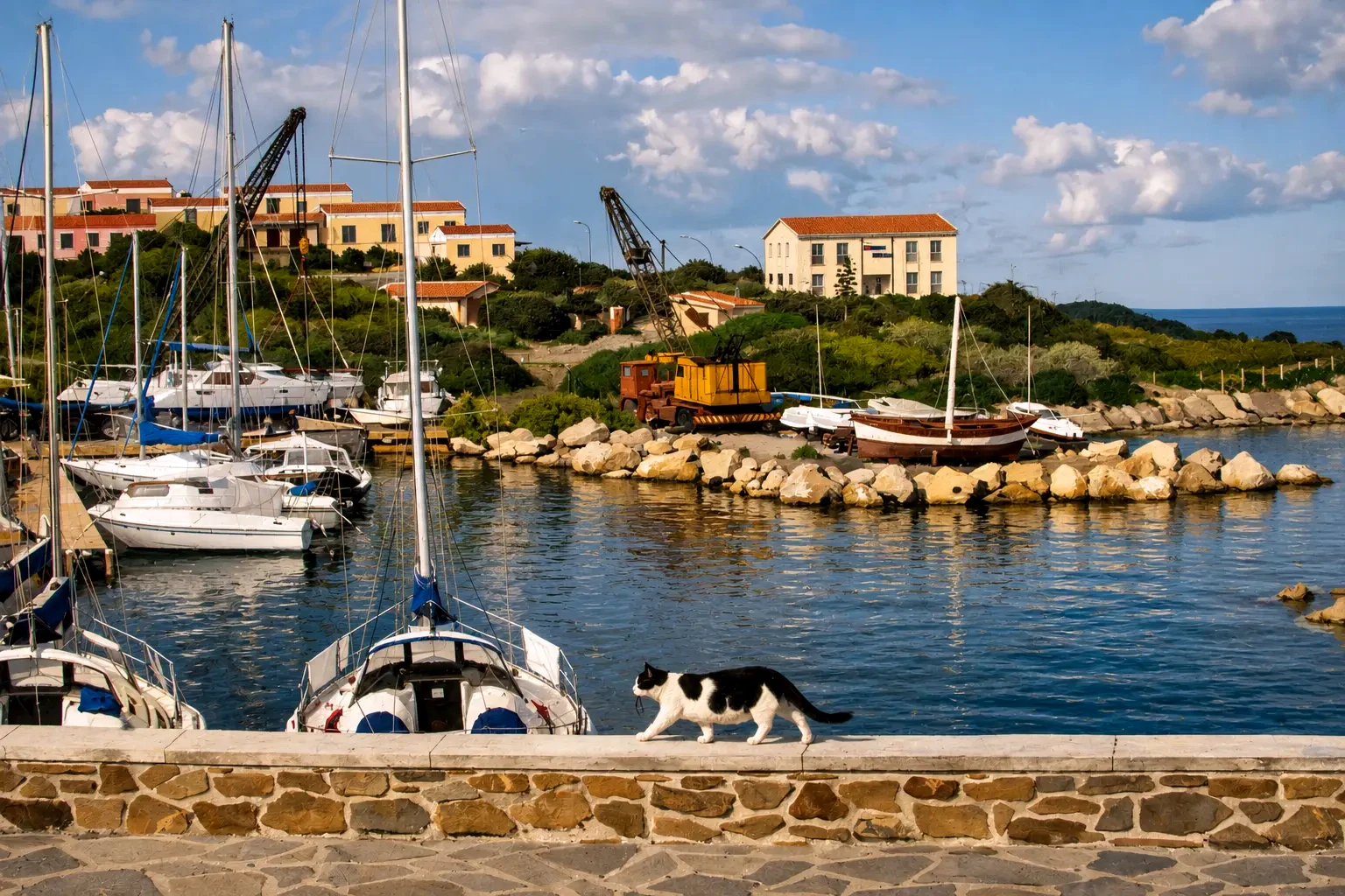 Un chat du port en tournée du soir le long du quai