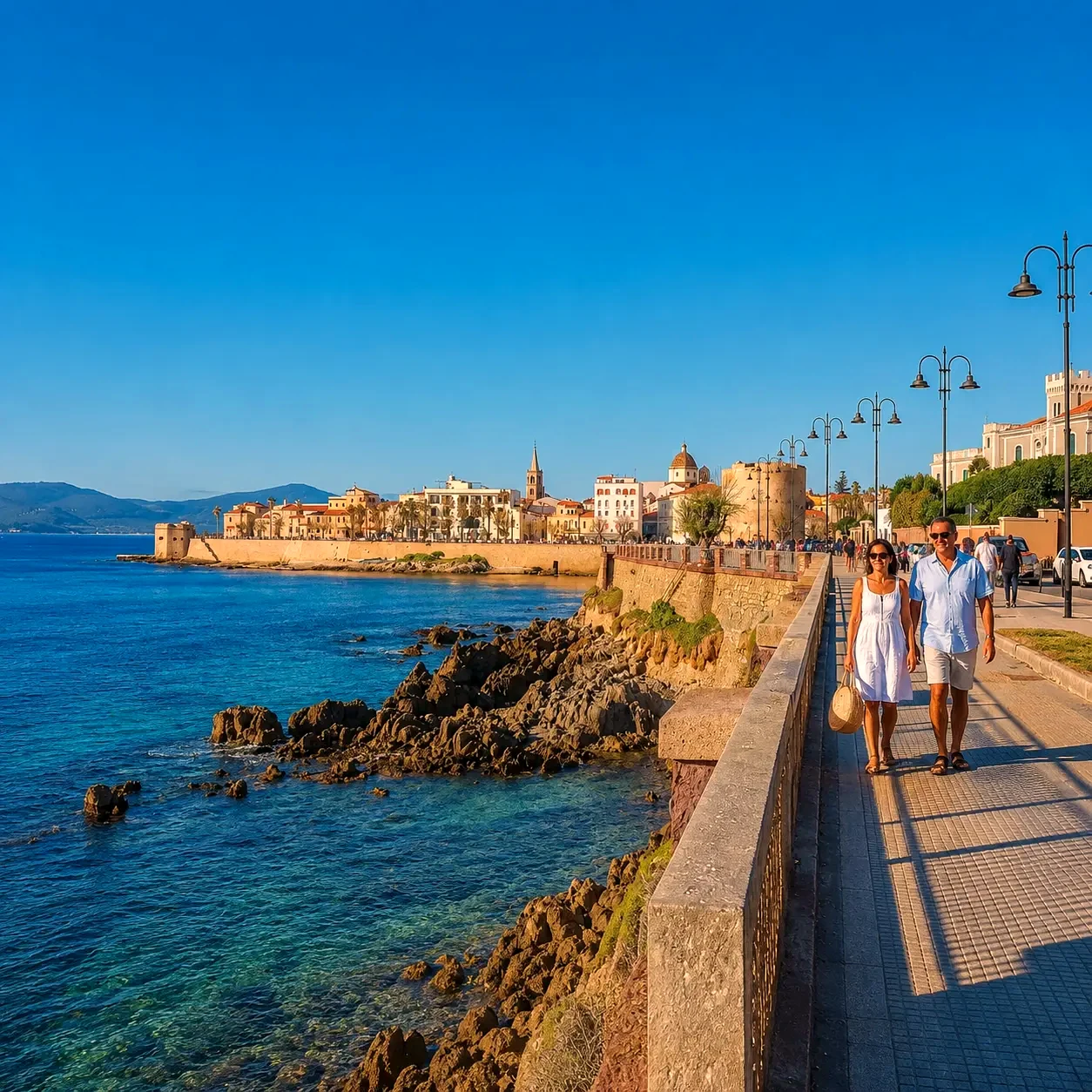 Promenade sur les remparts d'Alghero par un matin clair
