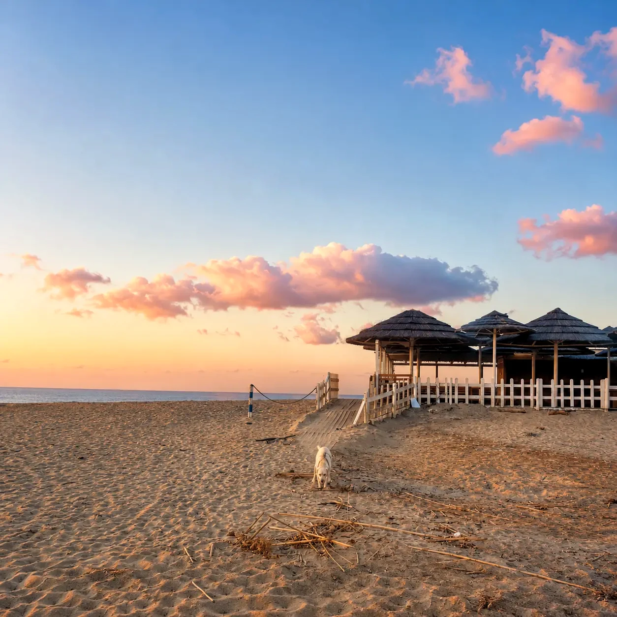 Un kiosque de plage au coucher du soleil, le sable presque désert