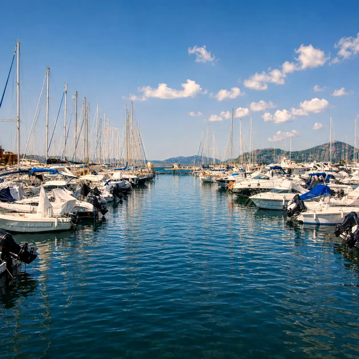 Voiliers amarrés dans la marina sous un ciel d'été limpide