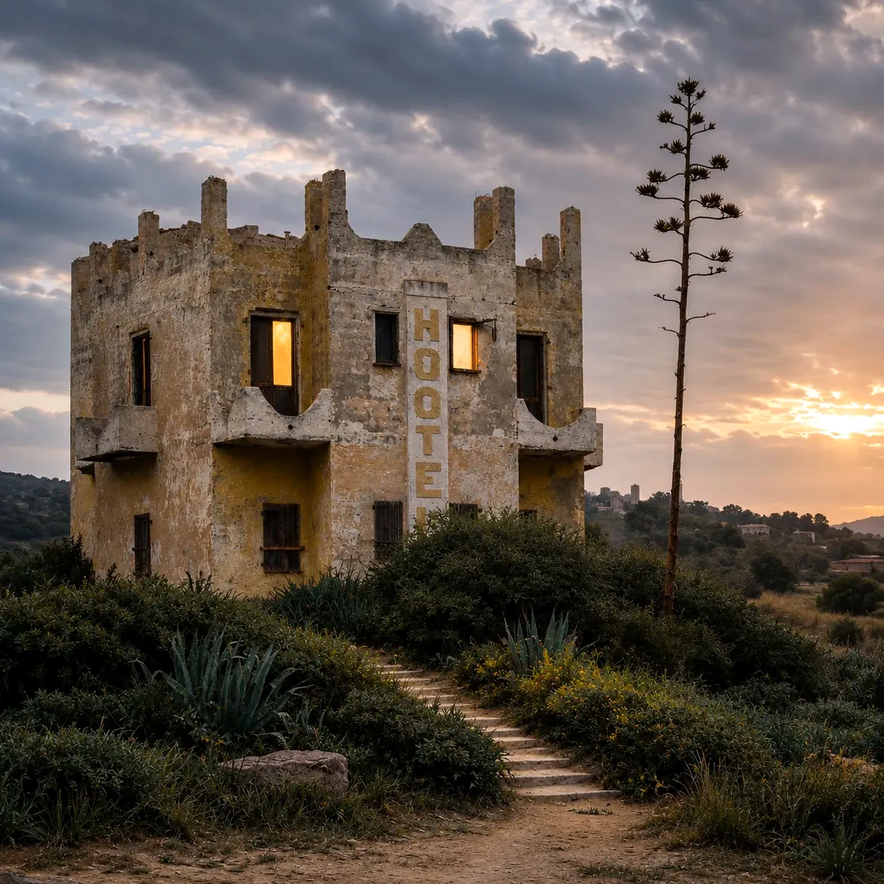 Un vieux bâtiment fortifié sur la colline dans la dernière lumière
