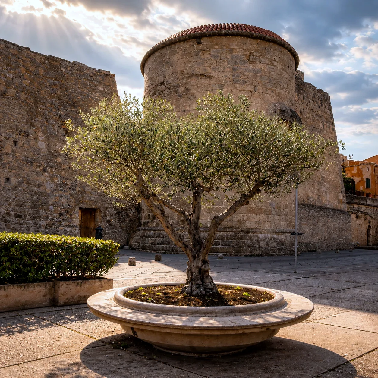 Un vieil olivier devant les bastions de pierre d'Alghero