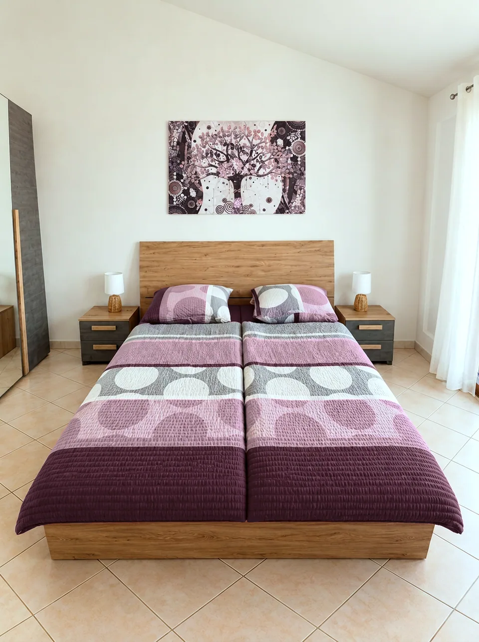 Master bedroom twin beds with matching bedside tables and rattan lamps
