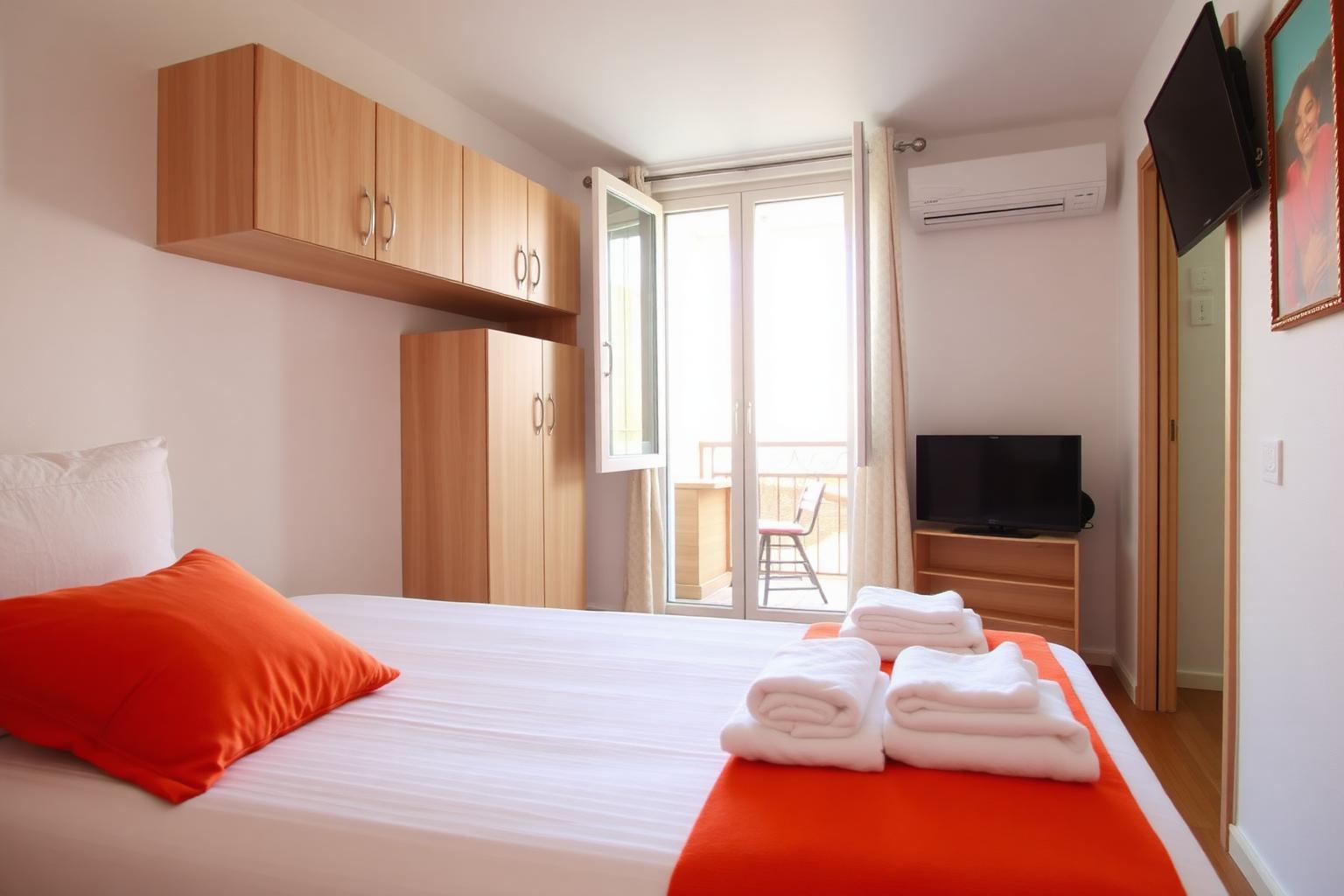 Bedroom with orange accents, overhead storage and balcony door
