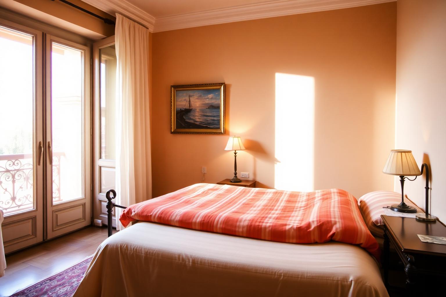 Master bedroom with orange-striped bedding and a framed seascape