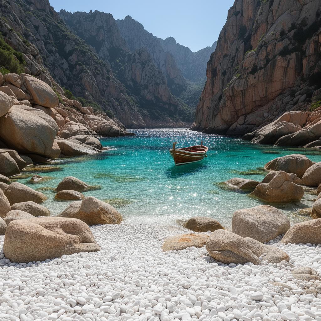 Hidden Sardinian cove with crystal-clear turquoise water and granite boulders