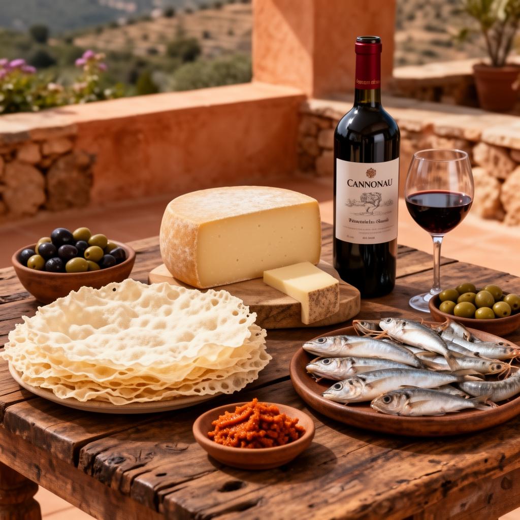 Sardinian table with pane carasau, pecorino, bottarga and Cannonau wine
