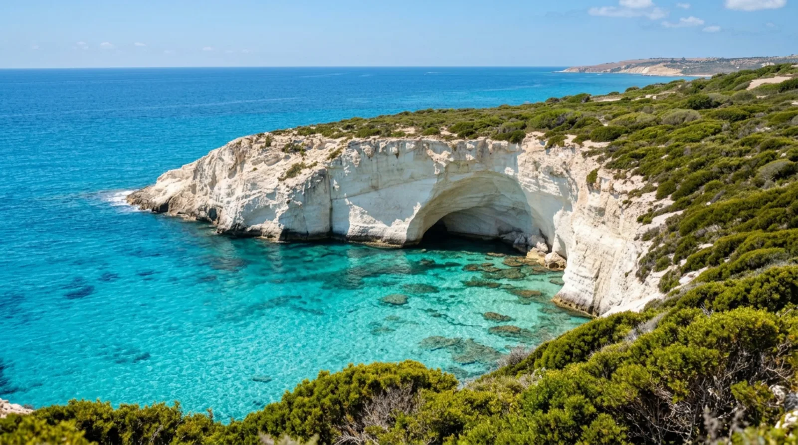 Sardinian coastline at golden hour with turquoise sea and white cliffs