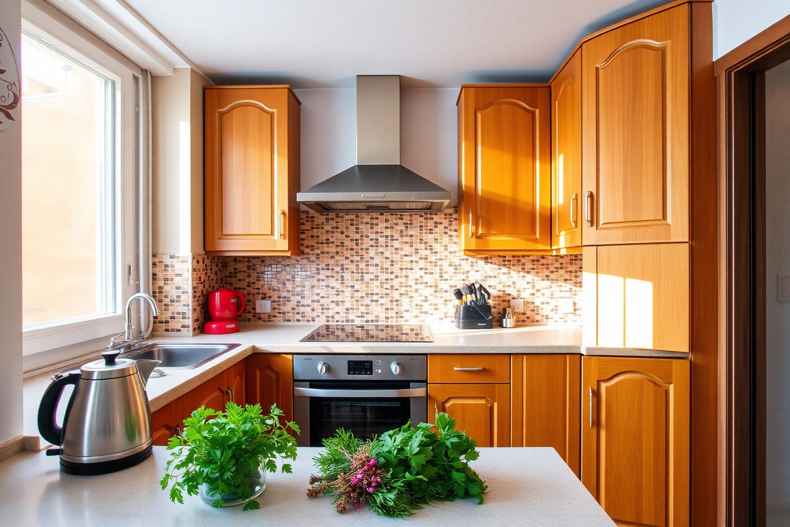 Open kitchen with warm wood cabinets and mosaic backsplash