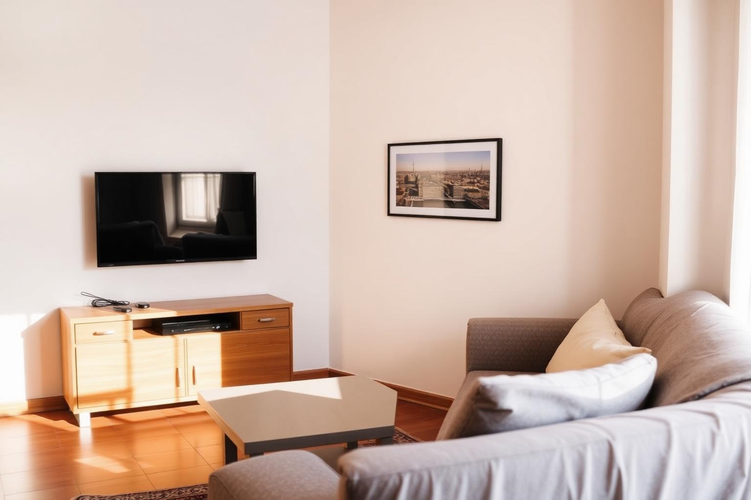Cosy living room with wall-mounted TV and framed cityscape