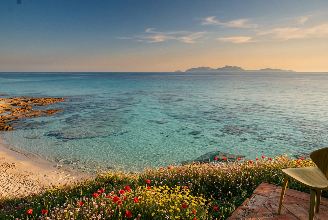 Turquoise Sardinian sea and wildflower-covered hillside at golden hour