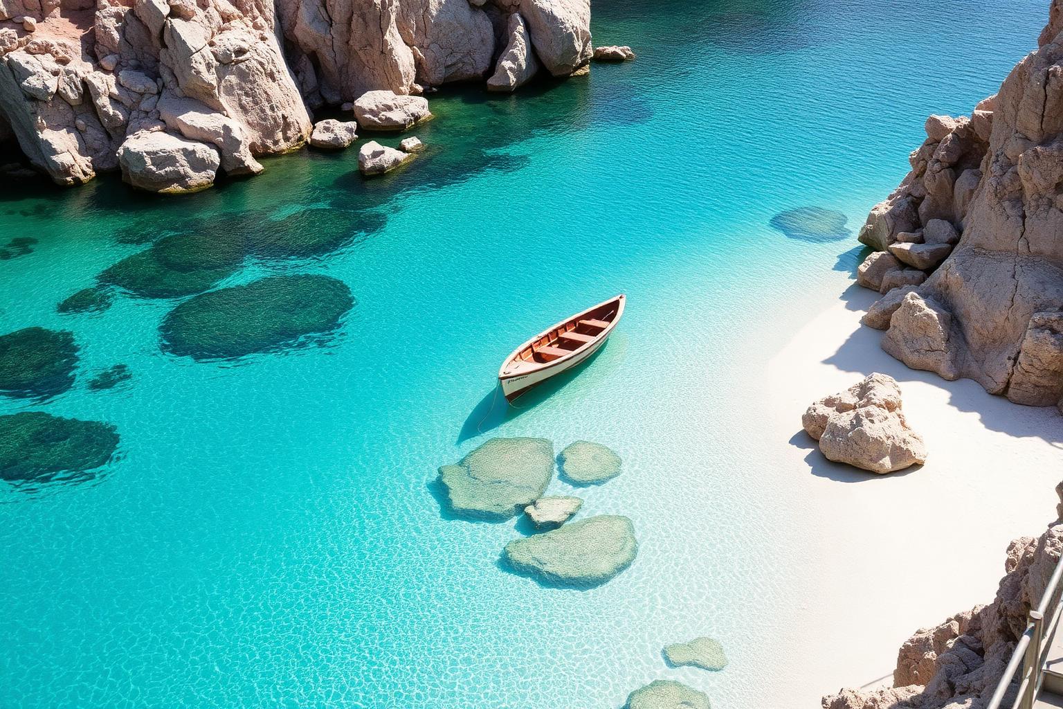 Secluded Sardinian cove with crystal-clear emerald water and a wooden boat