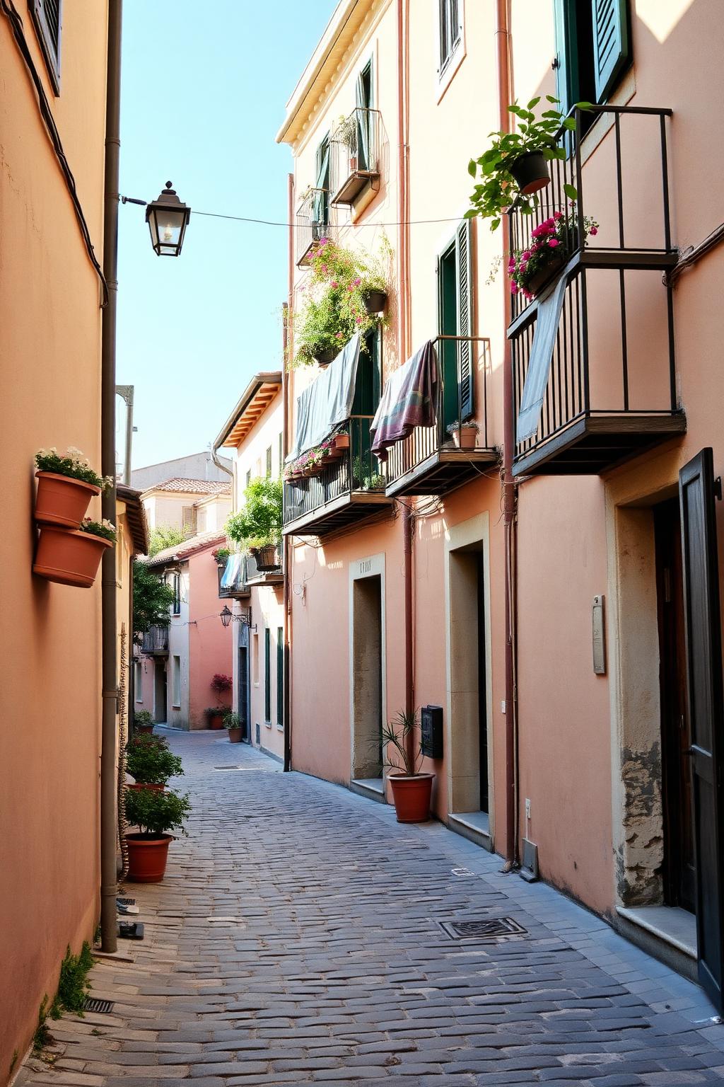 Cobblestone alley with pastel walls, flower pots and balconies in a Sardinian village