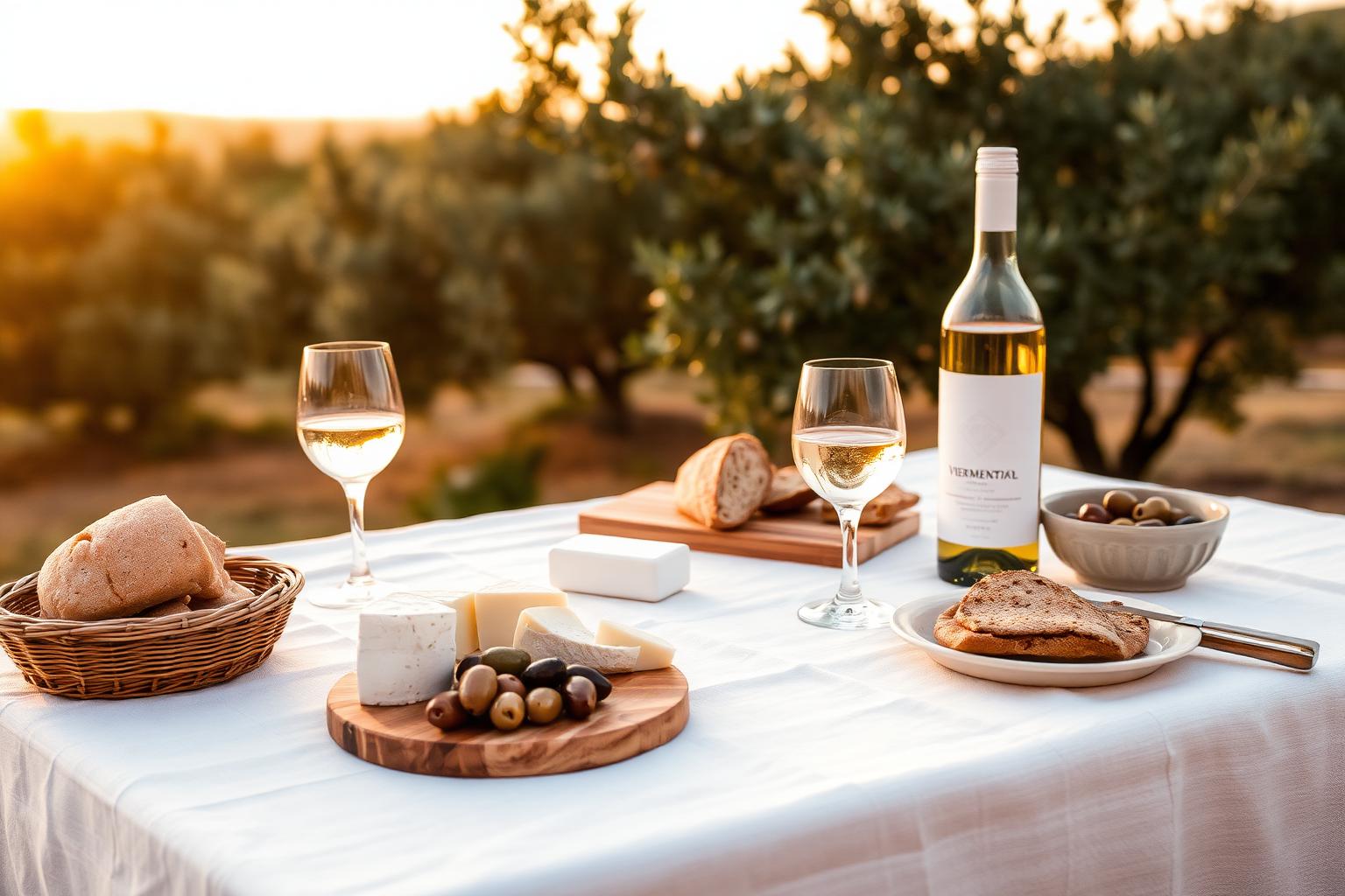 Sardinian aperitivo at sunset with Vermentino wine, bread and cheese in an olive grove