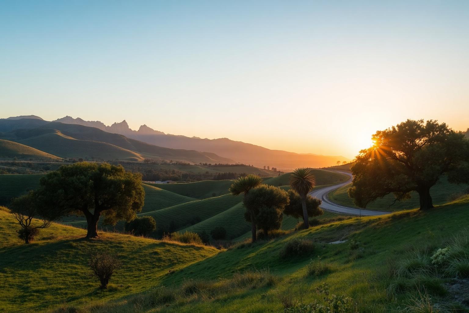 Rolling green hills and cork oaks of inland Sardinia at sunset