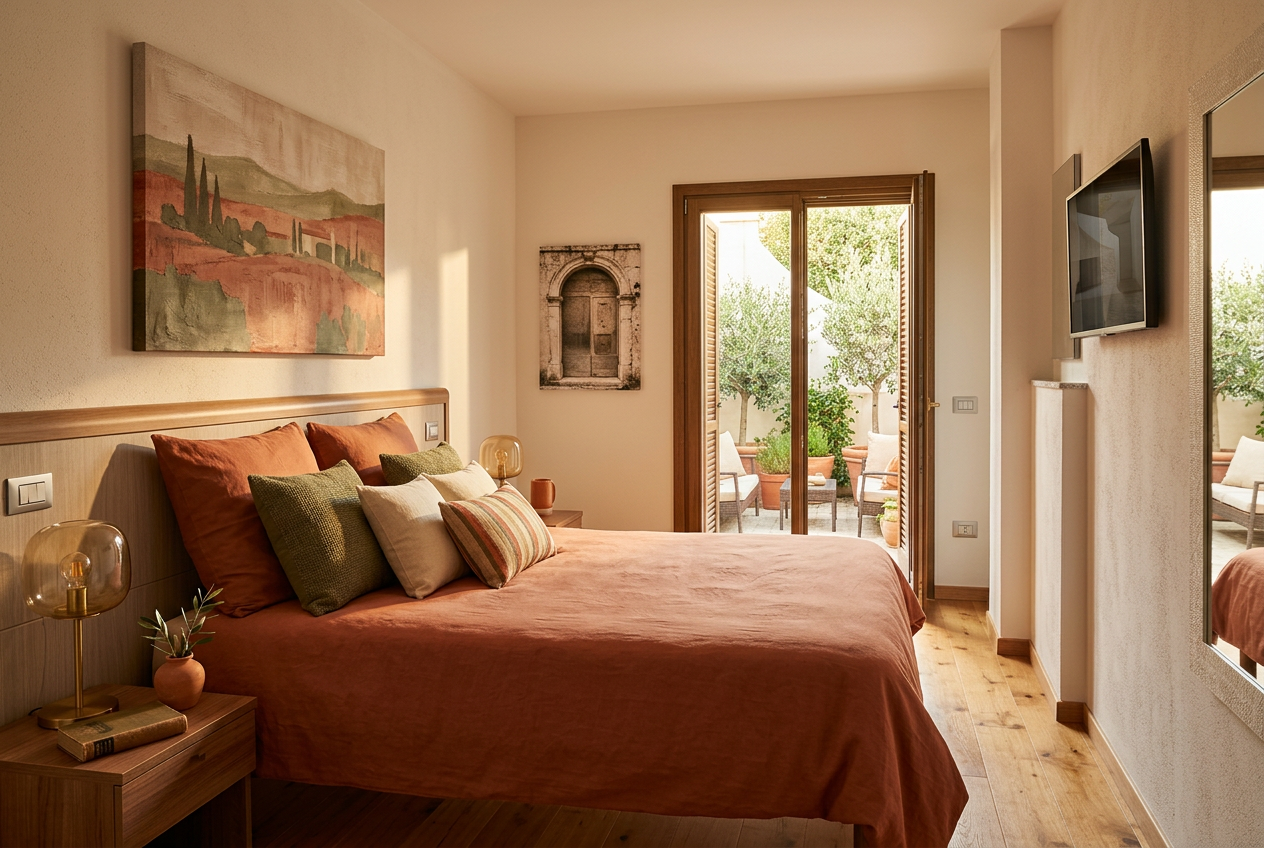 Bedroom with warm terracotta linens and sliding door to a private patio