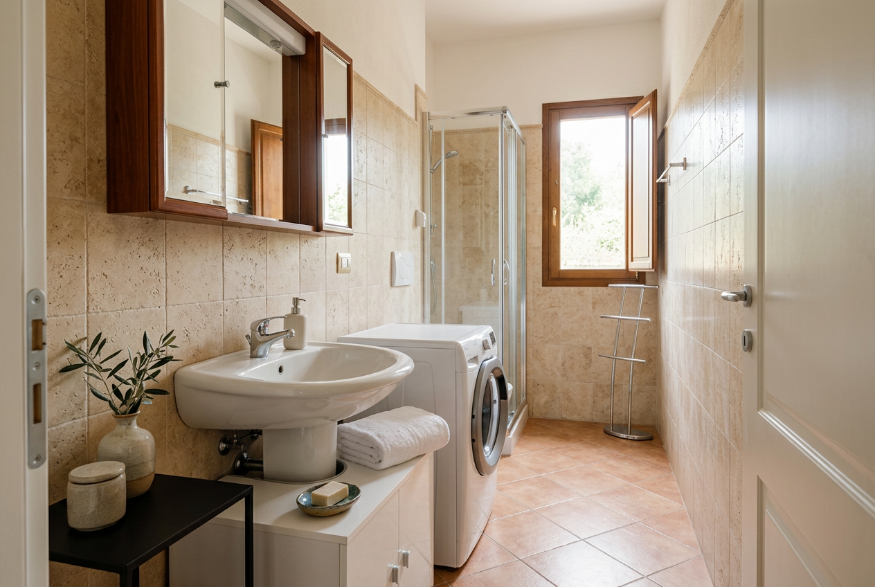 Bathroom with travertine tile, glass shower and natural light