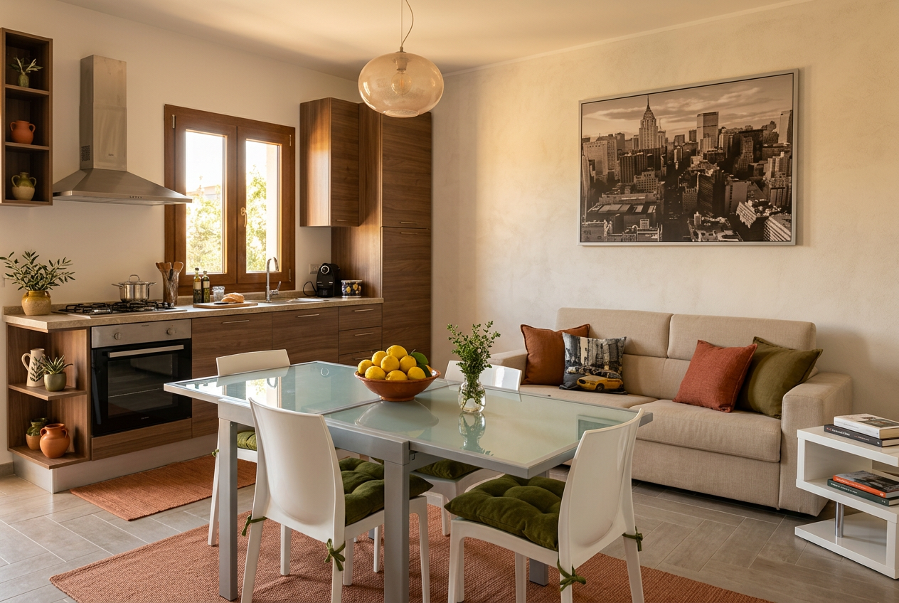 Open-plan living and kitchen with dining table and warm Italian styling