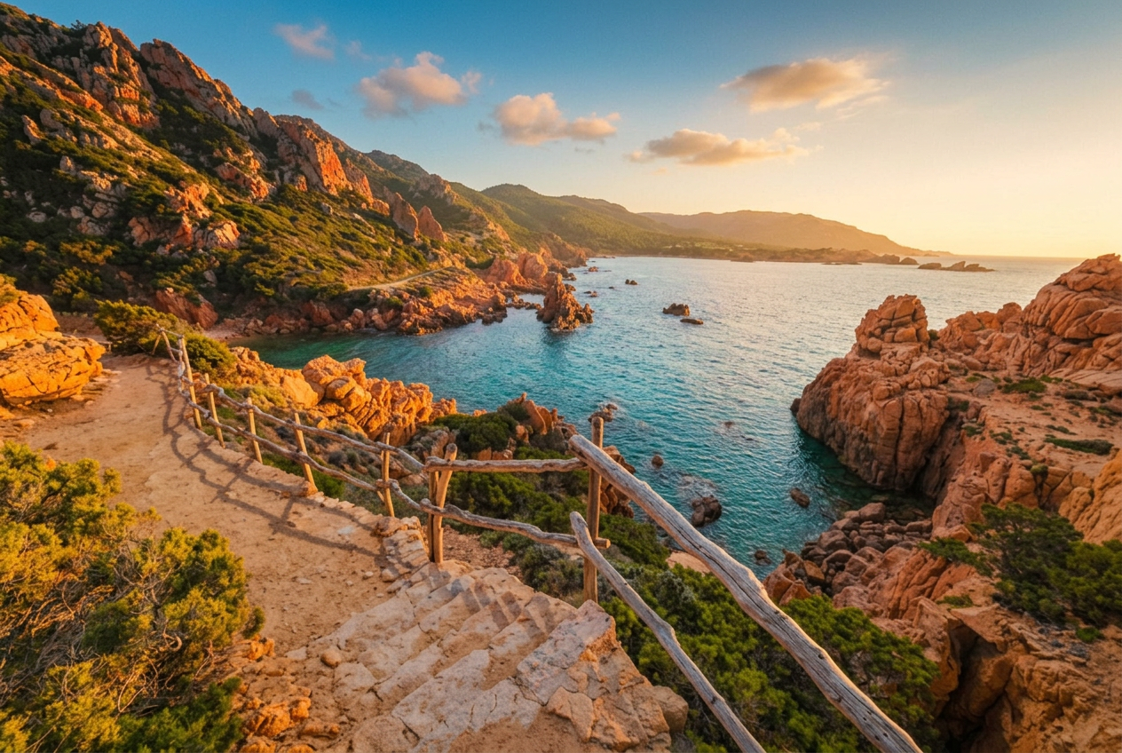 Coastal path leading to a turquoise bay framed by red Sardinian cliffs