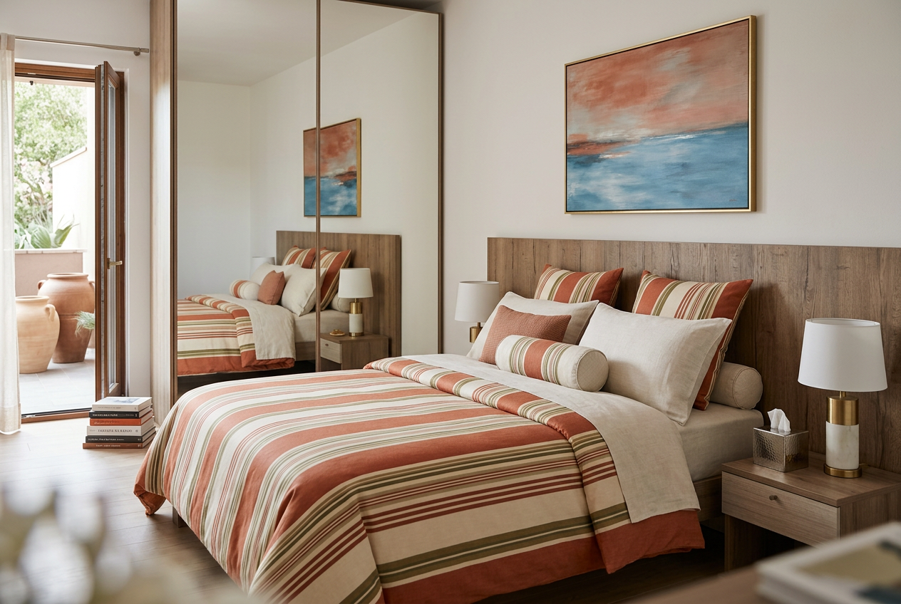 Second bedroom with striped linens and abstract Mediterranean artwork