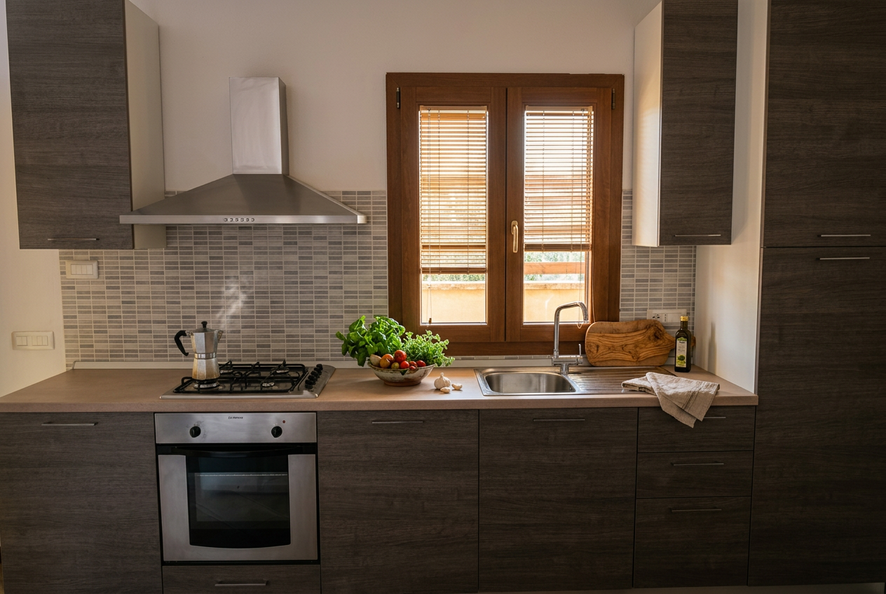 Kitchen with espresso pot, fresh basil and warm afternoon light