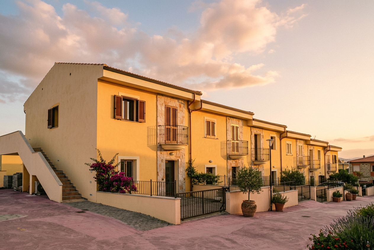 Warm yellow Sardinian townhouses with stone detailing at sunset