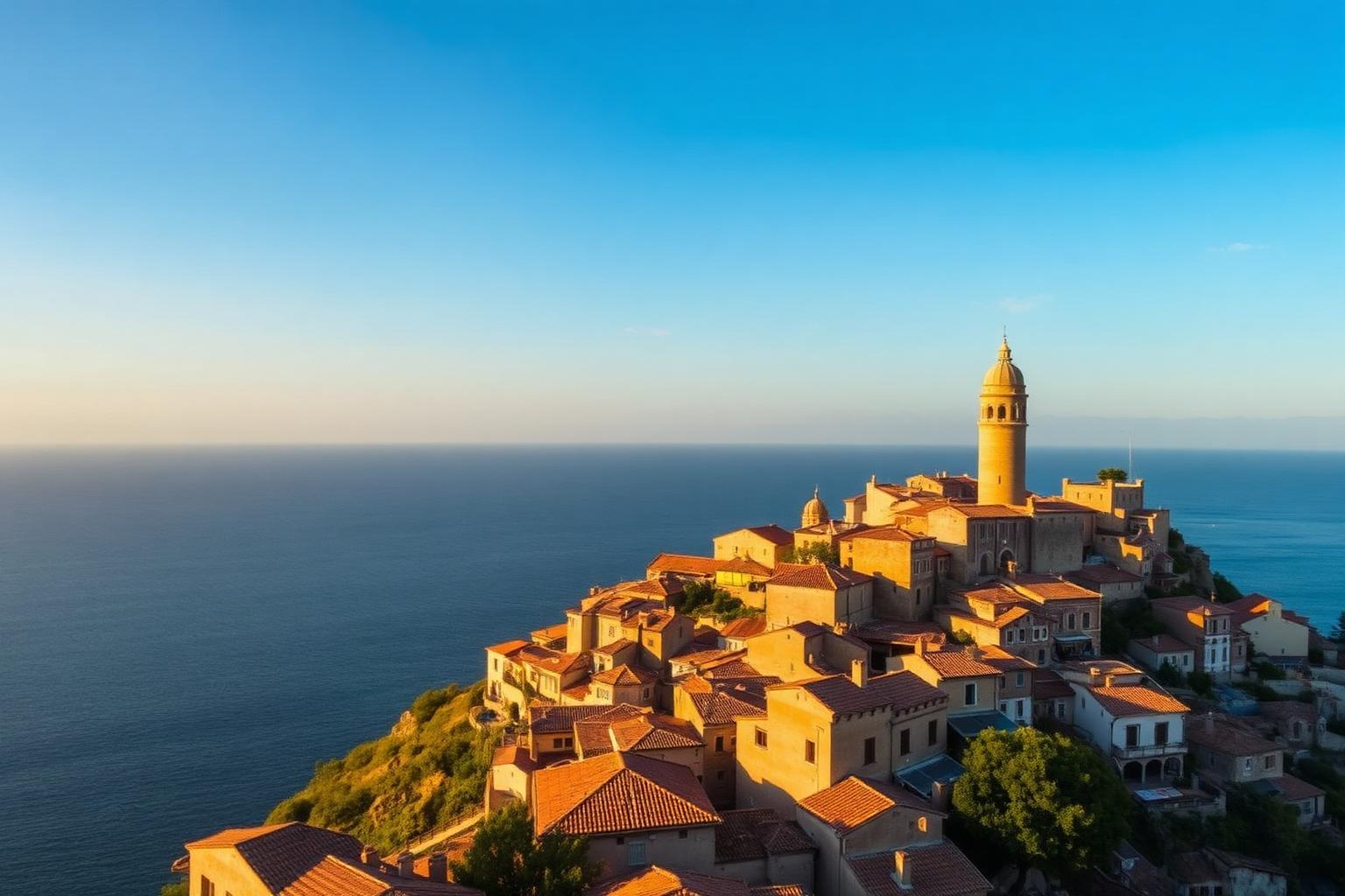 Castelsardo medieval village above the turquoise Mediterranean at golden hour